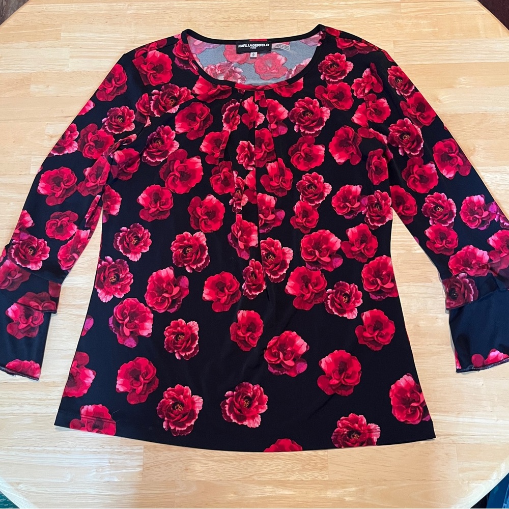 Karl Lagerfeld Black Blouse with Red Floral Pattern